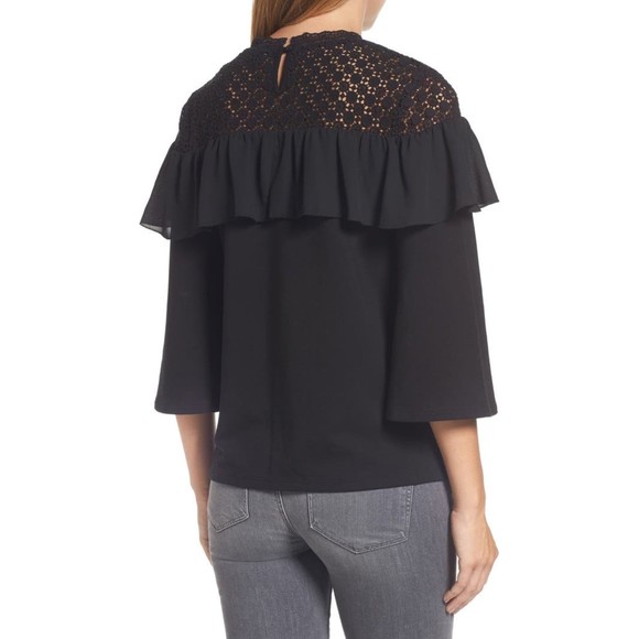 EUC Halogen Black Lace Yoke Ruffle Top with Bell Sleeves- Size XS - Picture 2 of 6